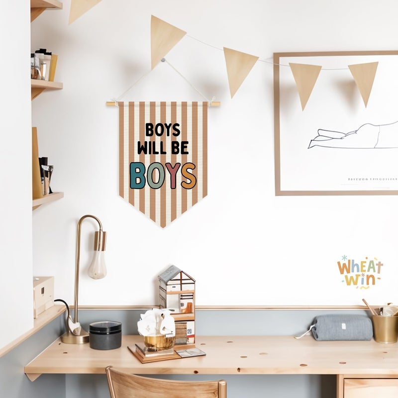 Wheatwin Boy Room Decor, Boys Will Be Boys Wall Hanging Pennant Flag Banner, Neutral Striped Kids Wall Decor for Nursery Toddler Room Bedroom Playroom 15x11 Inch - Image 4